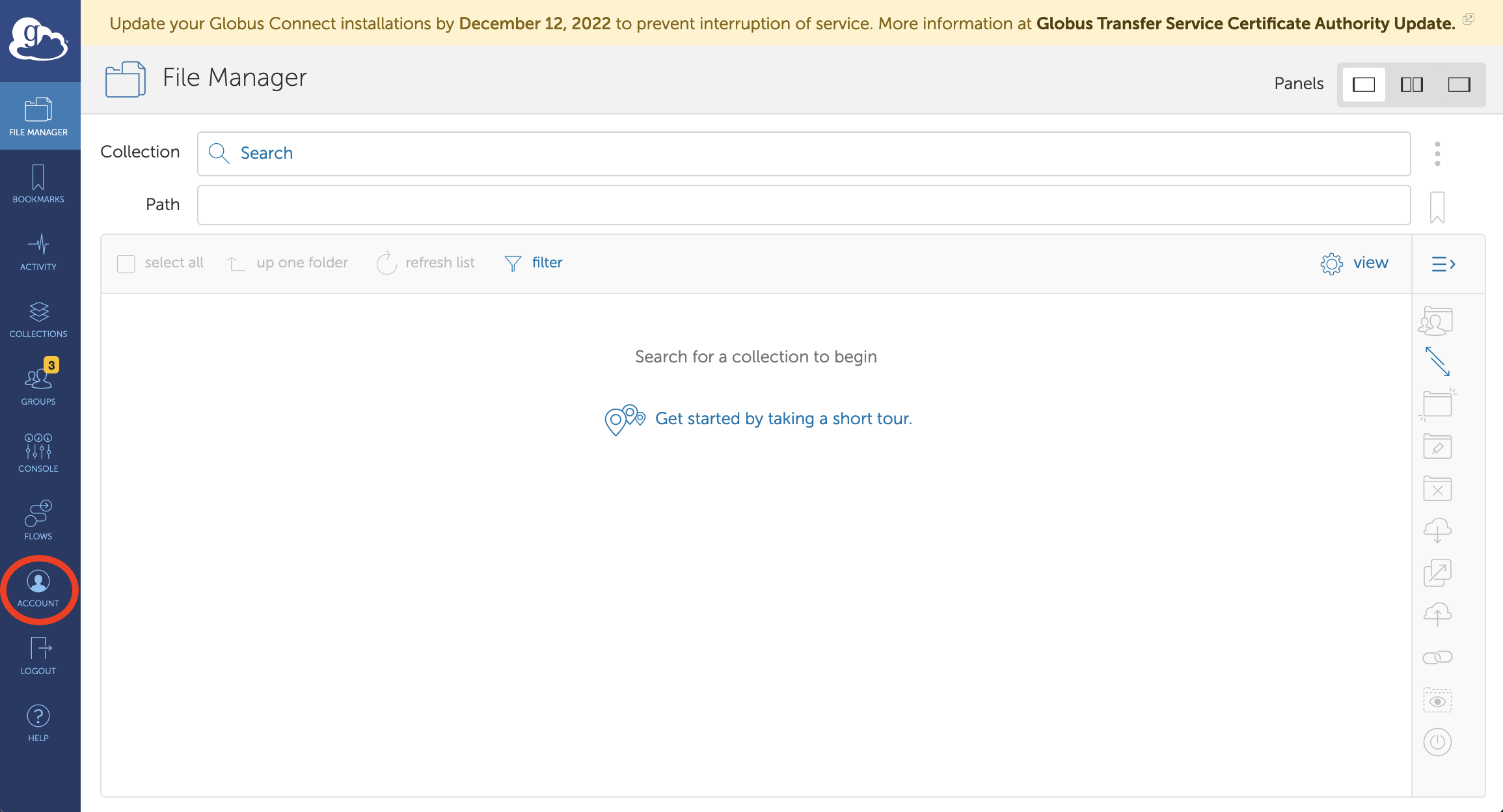 Globus file manager dashboard