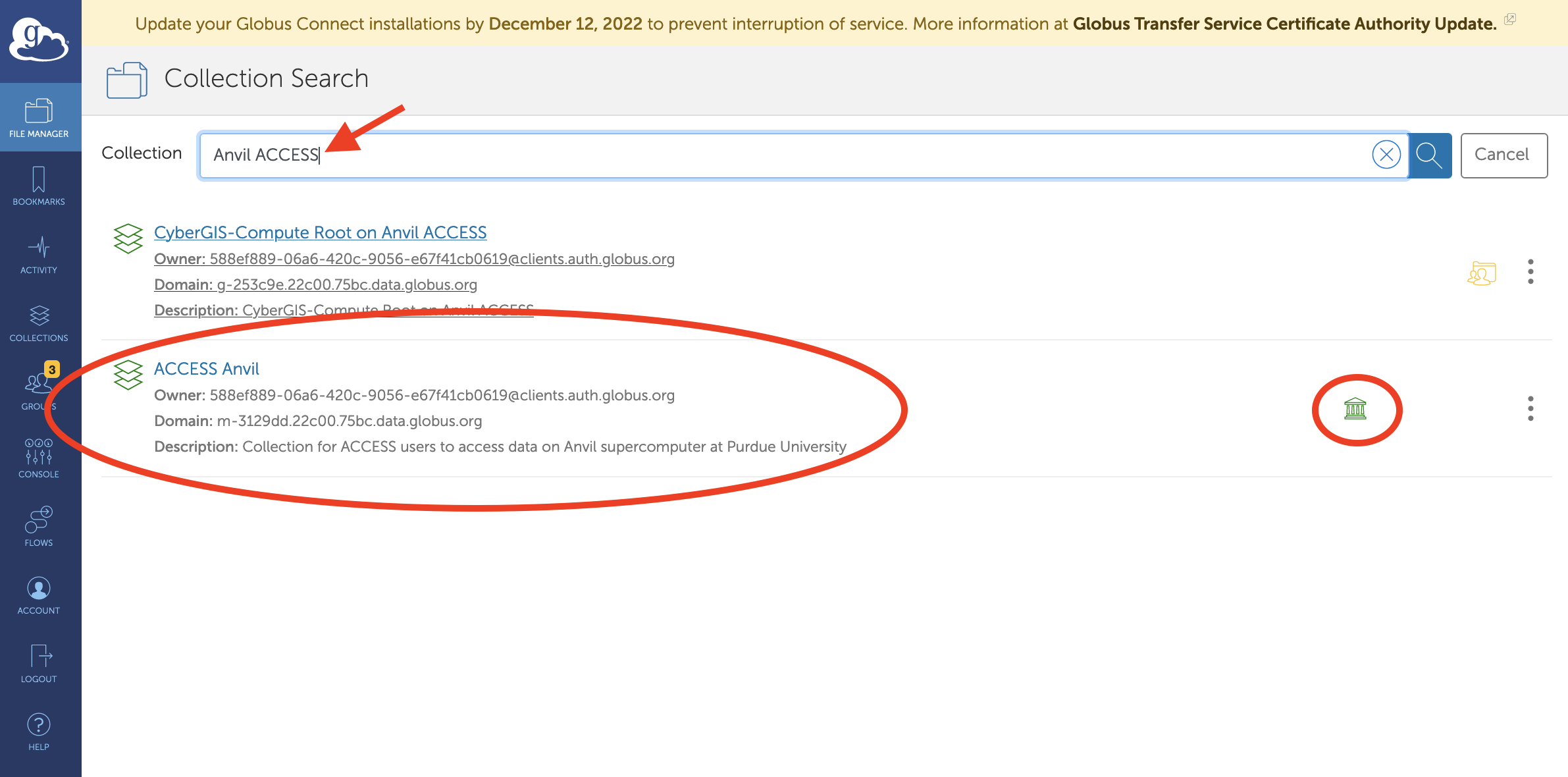 Globus collection search screenshot